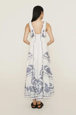 HAZEL SMOCKED EMBROIDERED MIDI DRESS (WHITE)