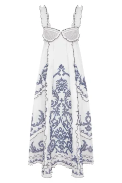 HAZEL SMOCKED EMBROIDERED MIDI DRESS (WHITE)