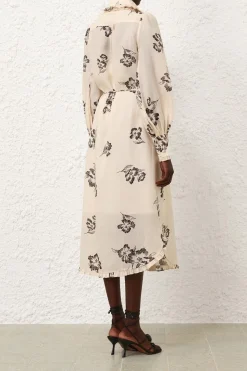 PRINTED RUFFLE MIDI DRESS (CREAM POPPY)