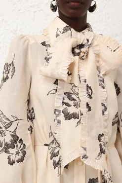 PRINTED RUFFLE MIDI DRESS (CREAM POPPY)