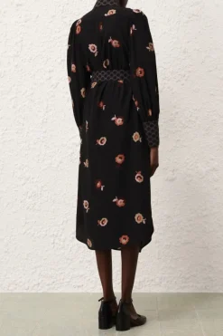 PUSSYBOW MIDI DRESS (BLACK FLORAL)