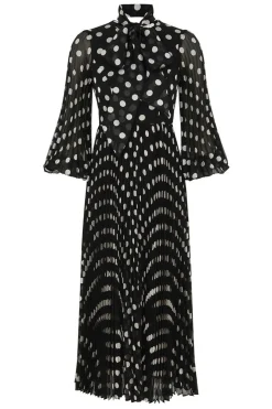 PUSSYBOW MIDI DRESS (BLACK/CREAM SPOT)